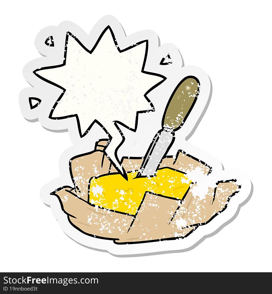 Cartoon Traditional Pat Of Butter And Knife And Speech Bubble Distressed Sticker