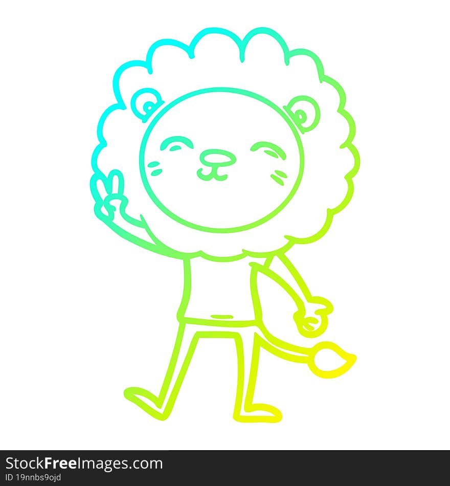 Cold Gradient Line Drawing Cartoon Lion Giving Peac Sign