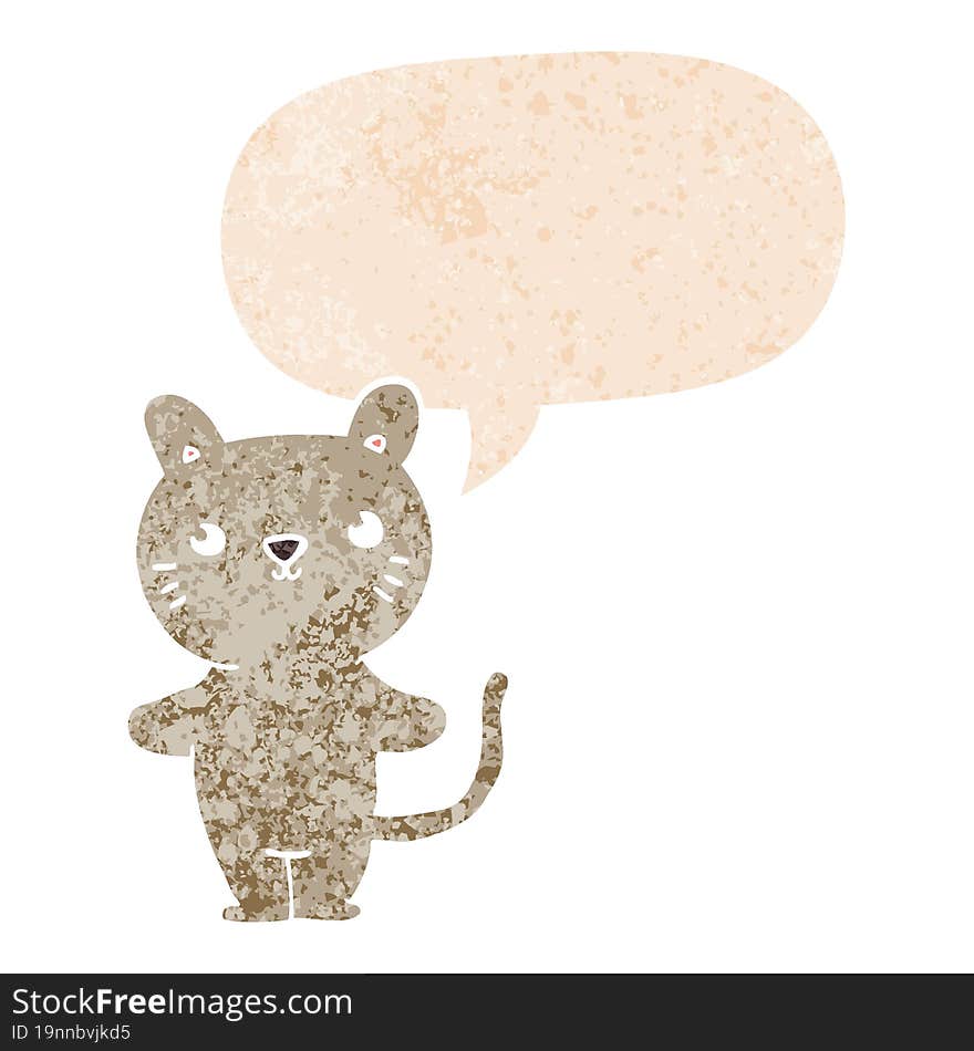 cartoon cat and speech bubble in retro textured style