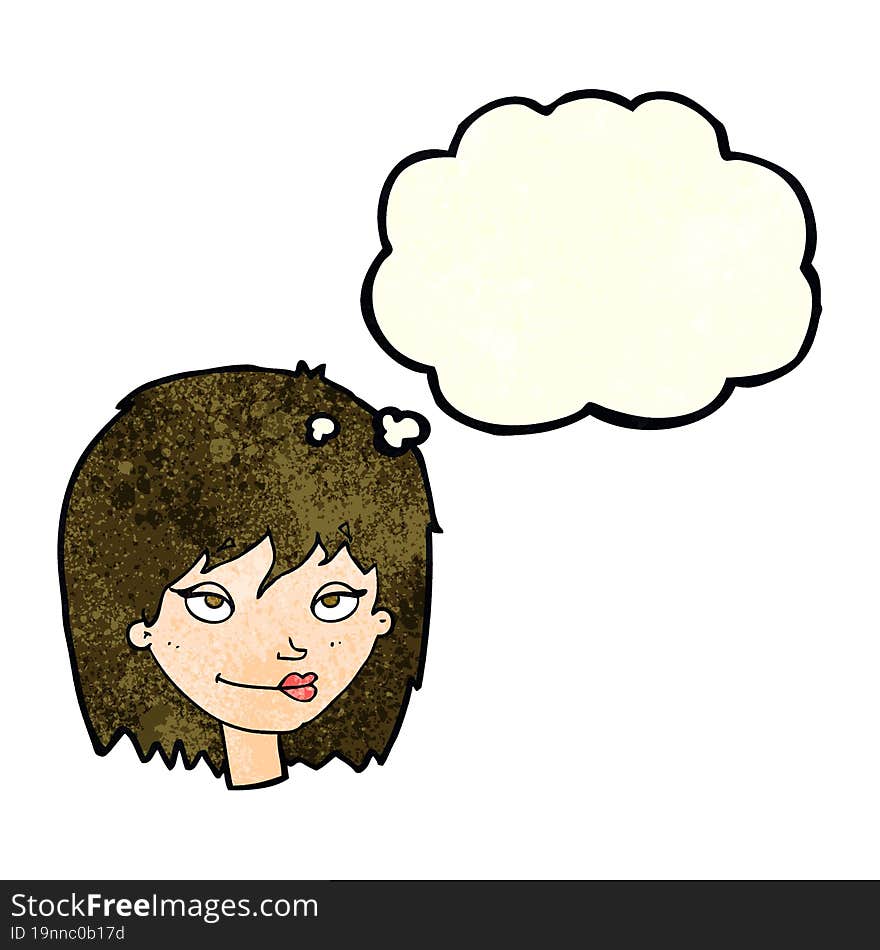 cartoon smiling woman with thought bubble