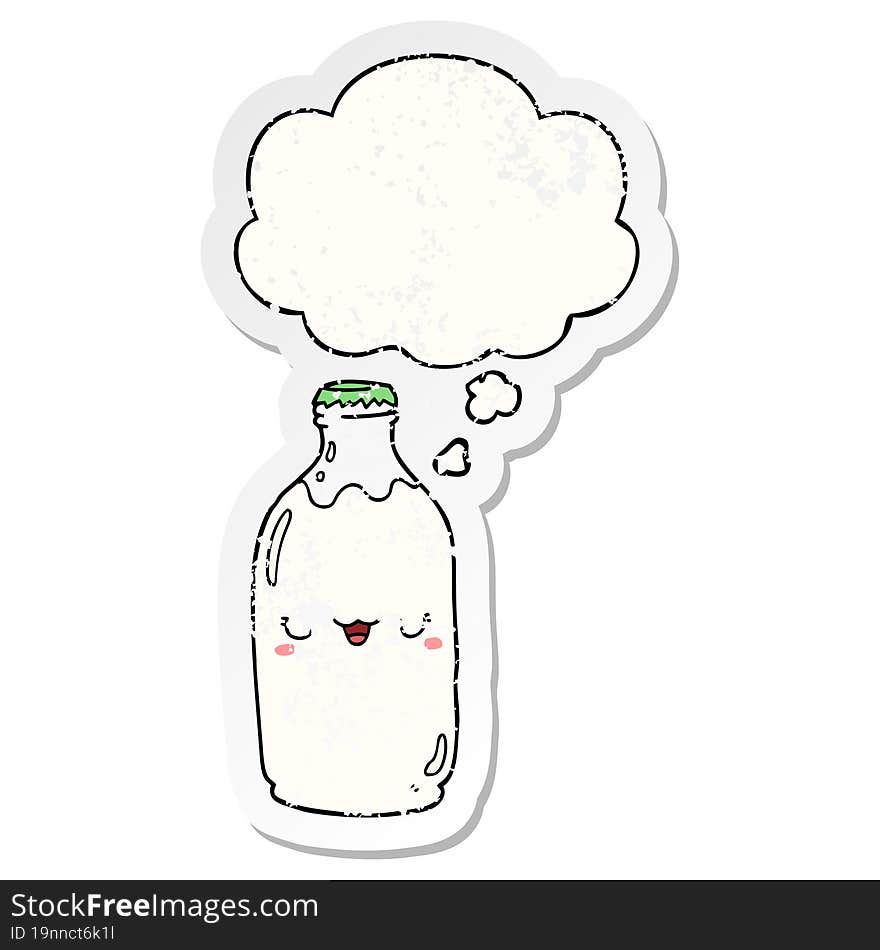 cute cartoon milk bottle with thought bubble as a distressed worn sticker