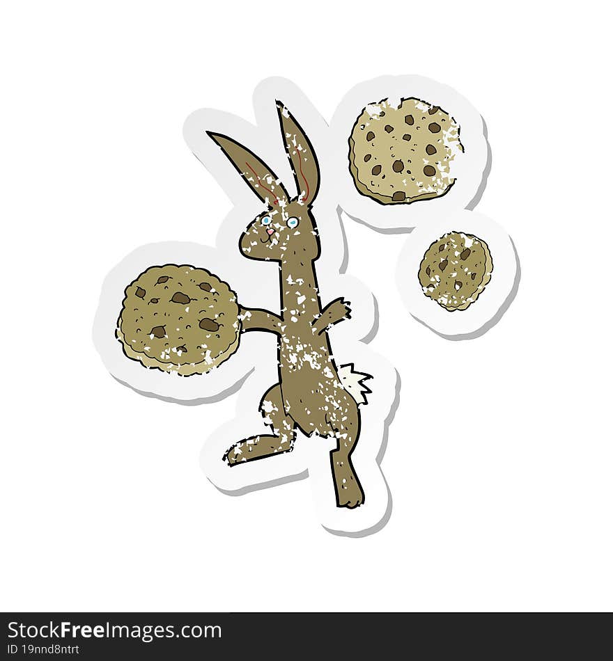 retro distressed sticker of a cartoon rabbit with cookies