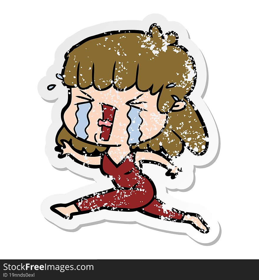 Distressed Sticker Of A Cartoon Woman In Tears