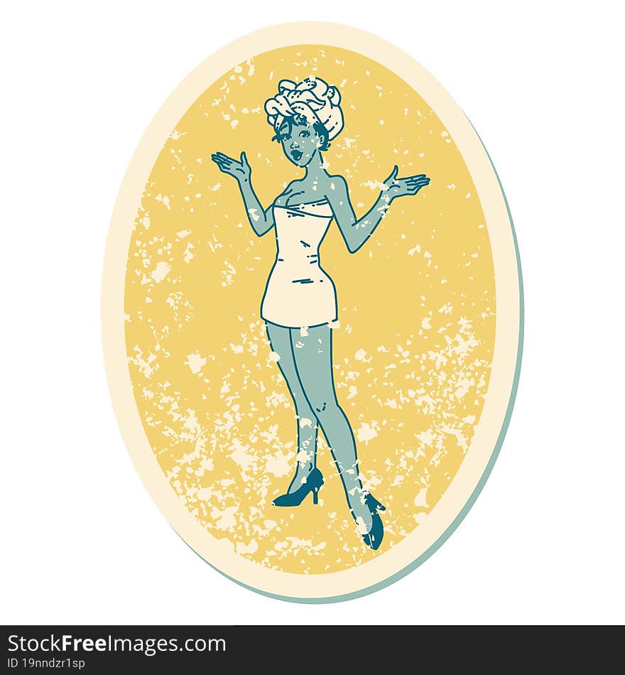 distressed sticker tattoo in traditional style of a pinup girl in towels. distressed sticker tattoo in traditional style of a pinup girl in towels