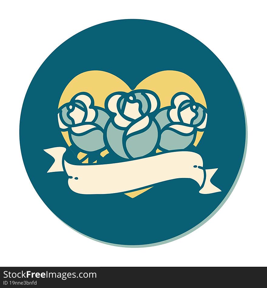 Tattoo Style Sticker Of A Heart And Banner With Flowers