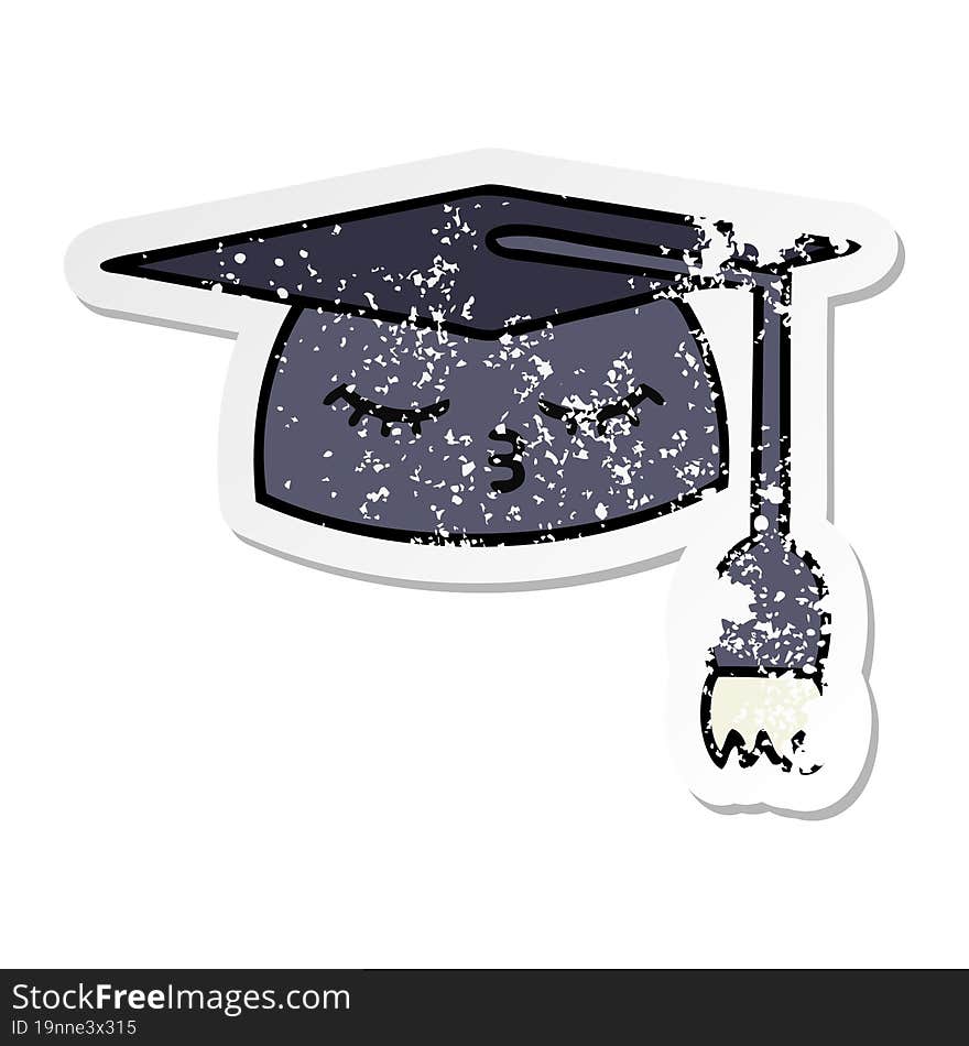 distressed sticker of a cute cartoon graduation hat