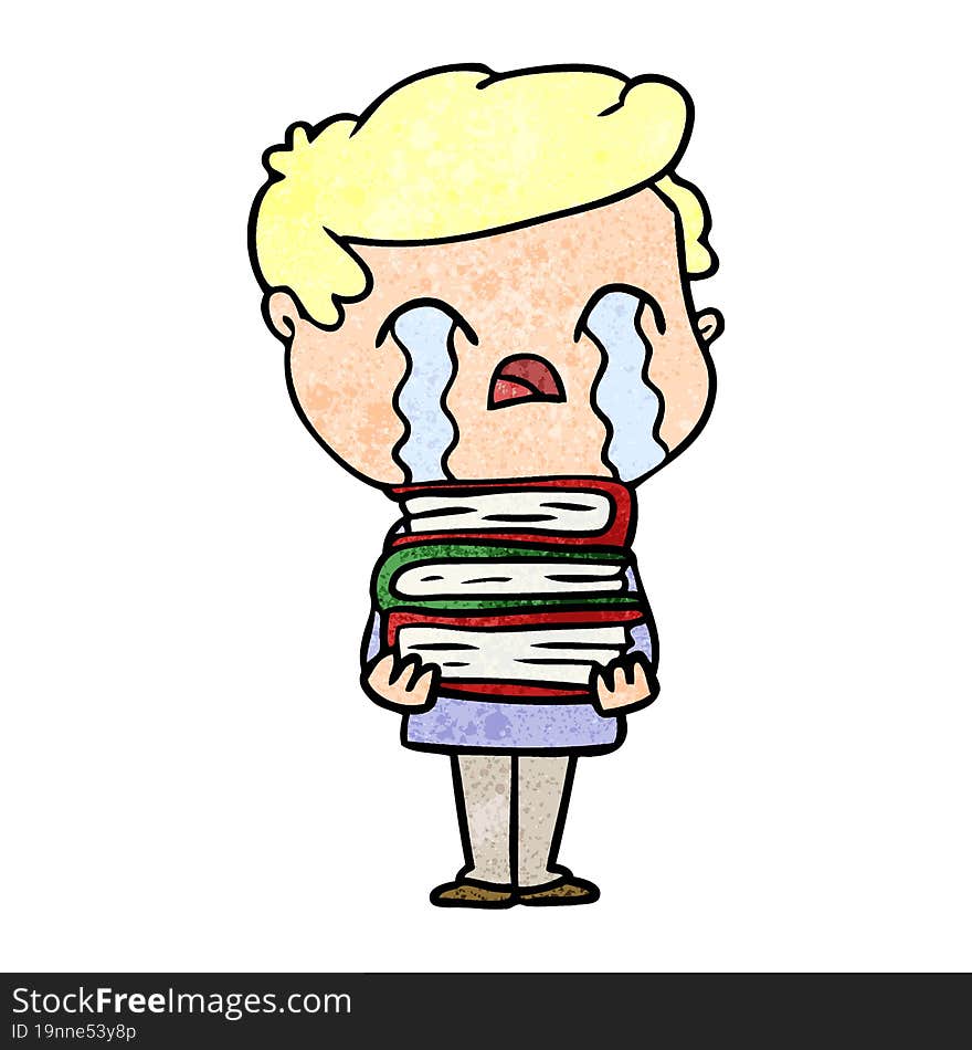 cartoon man crying over stack of books. cartoon man crying over stack of books