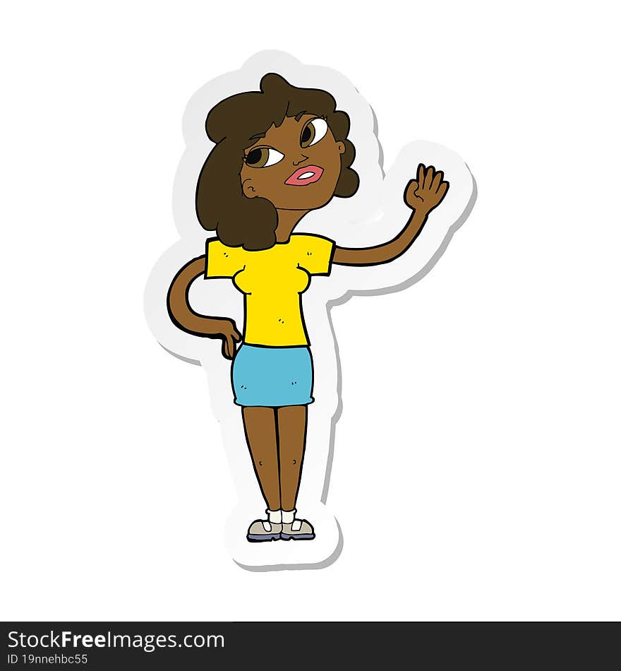 sticker of a cartoon woman waving