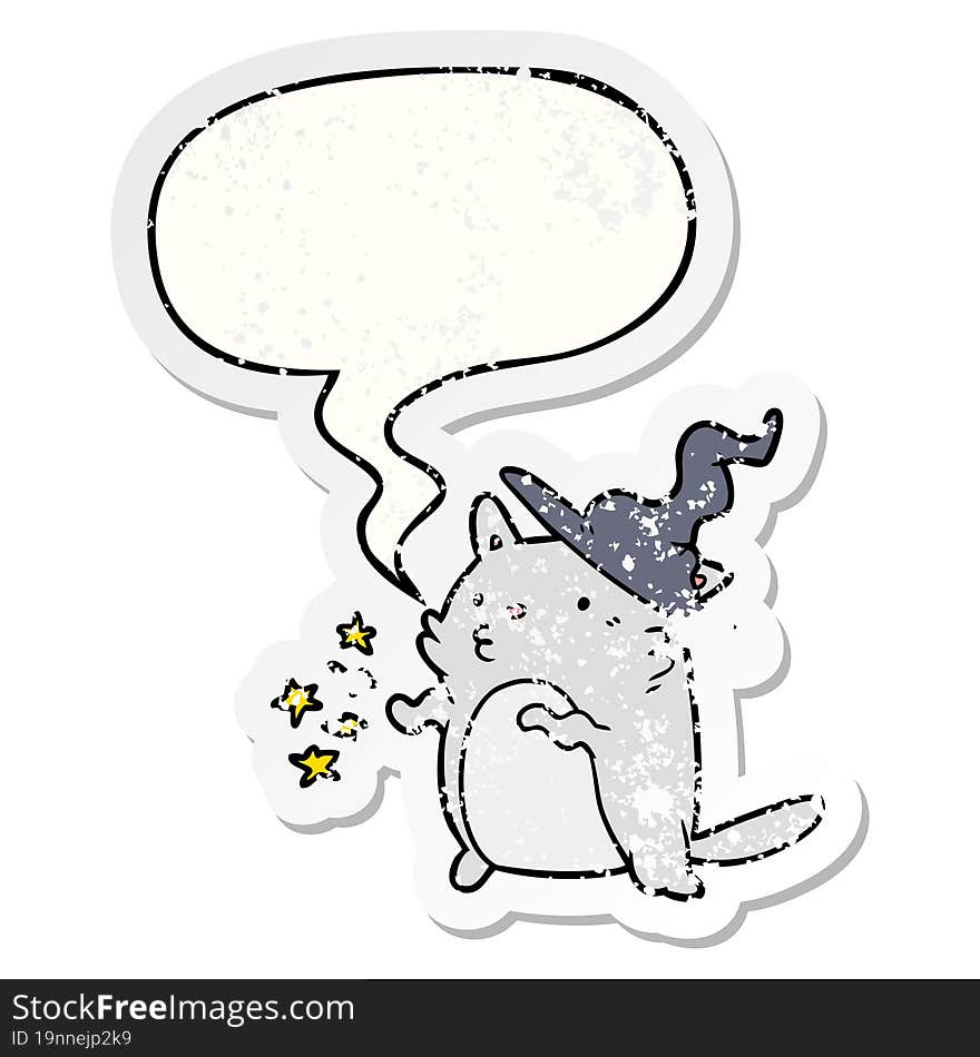 magical amazing cartoon cat wizard and speech bubble distressed sticker