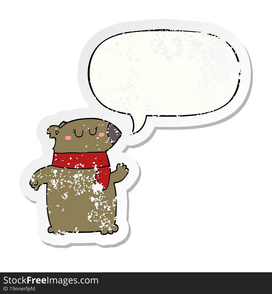 cartoon bear with scarf with speech bubble distressed distressed old sticker. cartoon bear with scarf with speech bubble distressed distressed old sticker