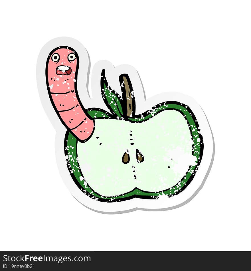 Retro Distressed Sticker Of A Cartoon Apple With Worm