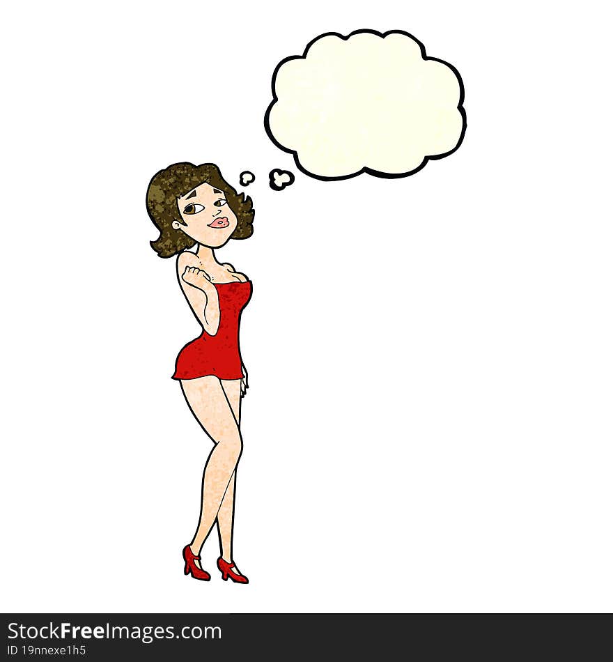 cartoon attractive woman in short dress with thought bubble