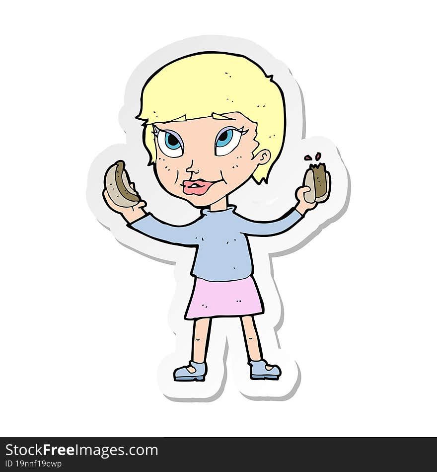 sticker of a cartoon woman eating hotdogs