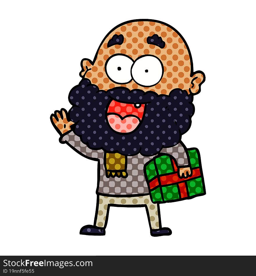 cartoon crazy happy man with beard and gift under arm. cartoon crazy happy man with beard and gift under arm