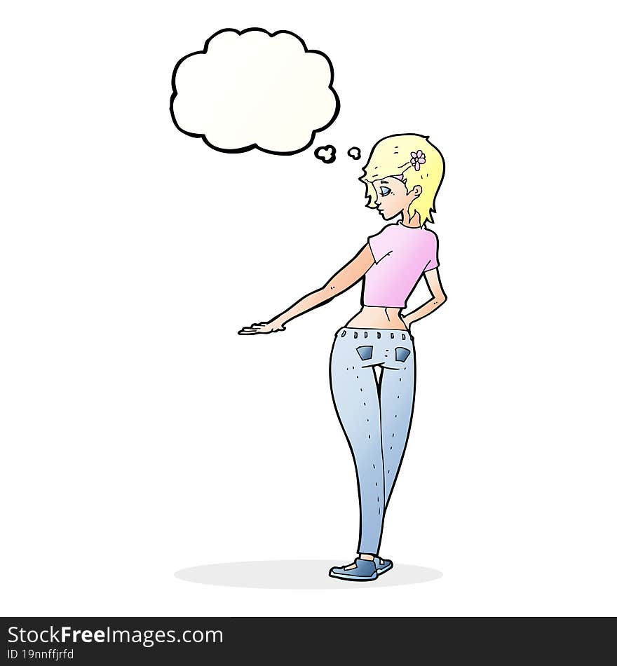 cartoon pretty girl in jeans and tee with thought bubble