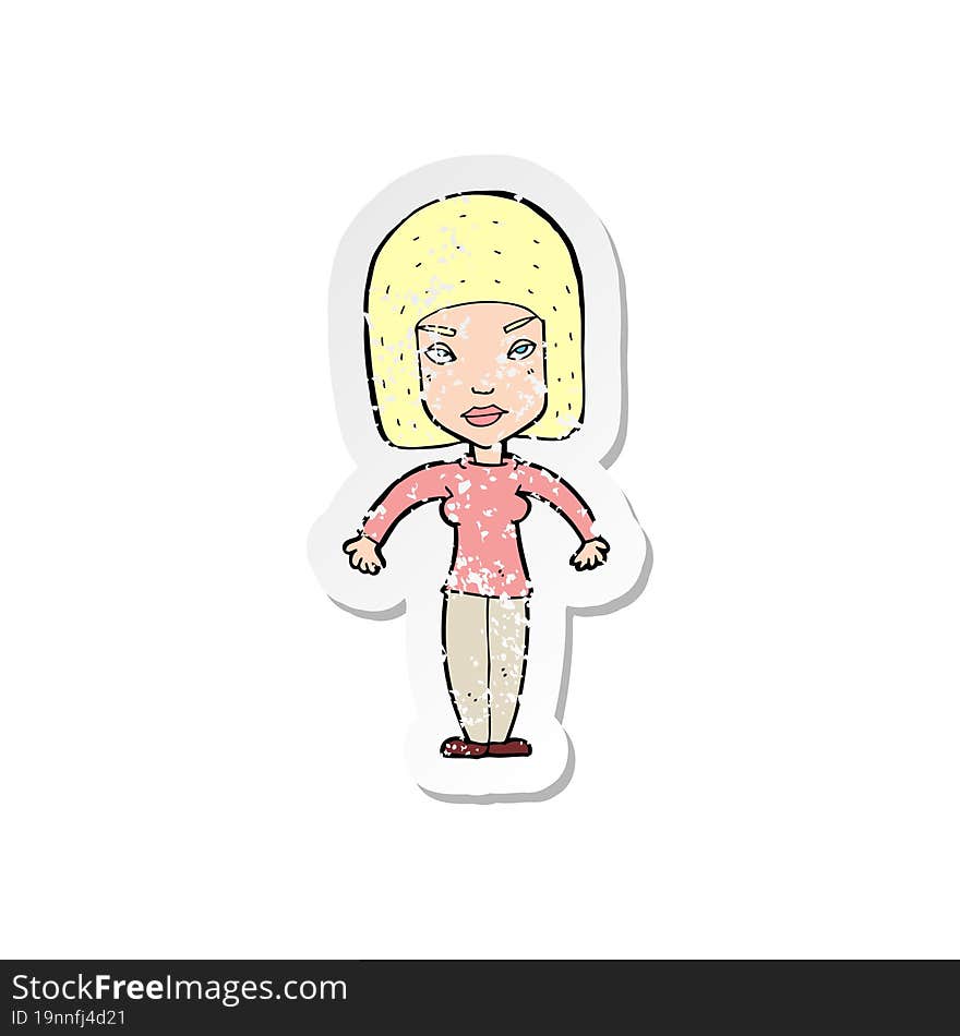 retro distressed sticker of a cartoon woman shrugging shoulders