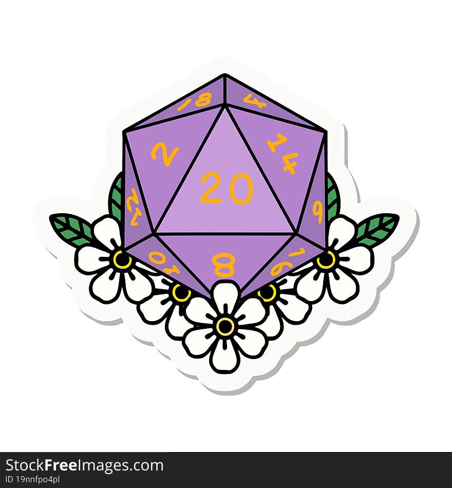 sticker of a natural 20 D20 dice roll with floral elements. sticker of a natural 20 D20 dice roll with floral elements