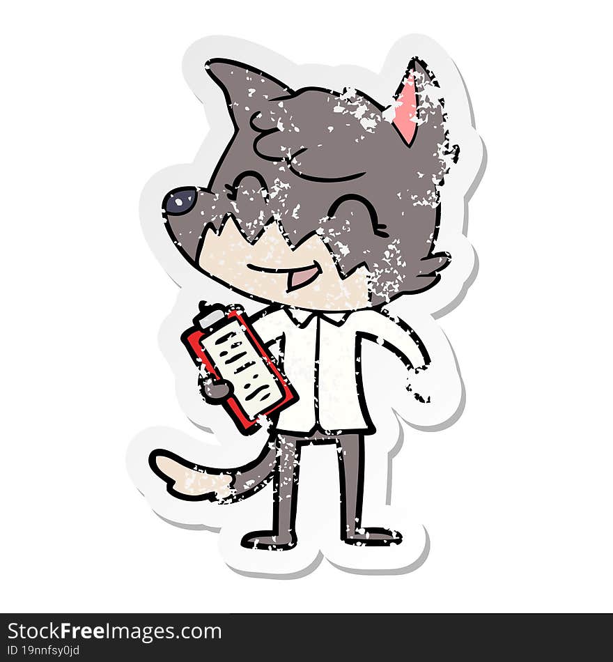 distressed sticker of a happy cartoon fox