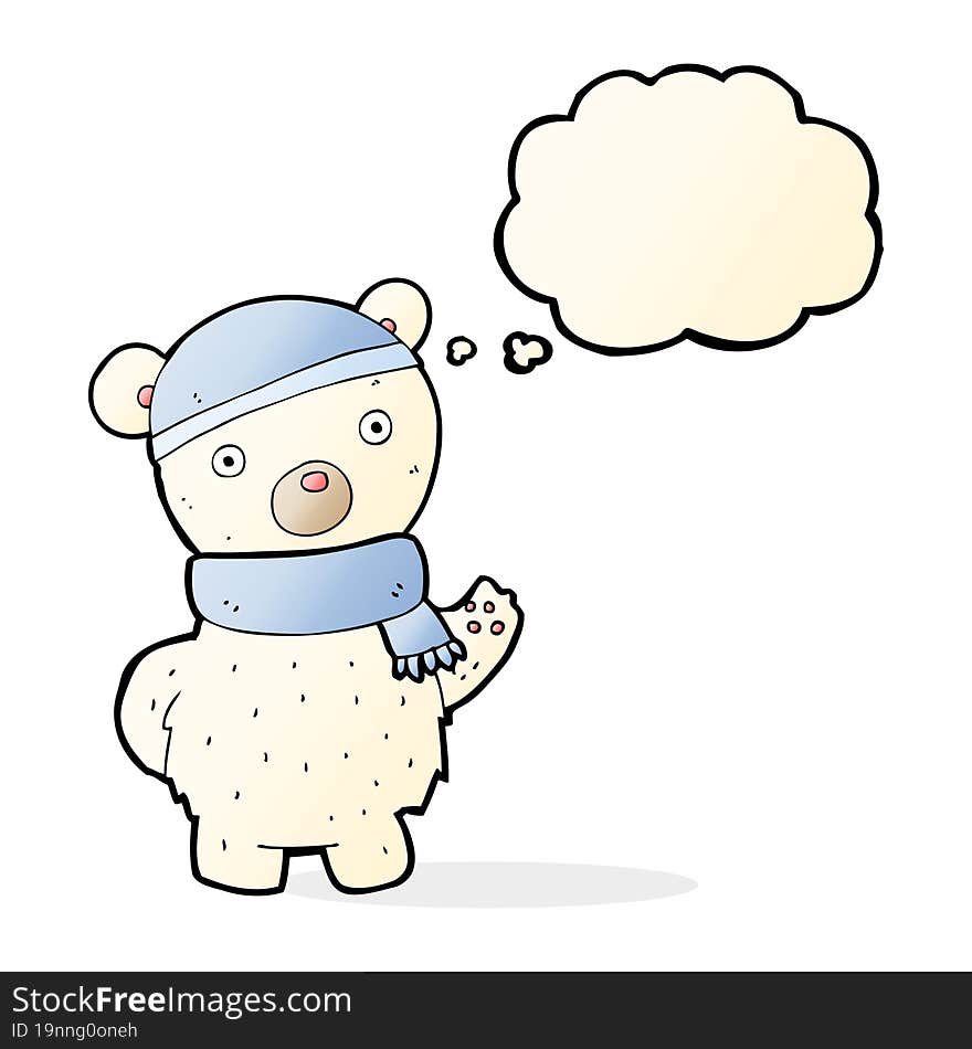 cartoon polar bear in winter hat and scarf with thought bubble