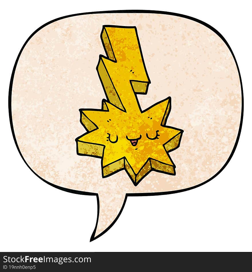 cartoon lightning strike with speech bubble in retro texture style