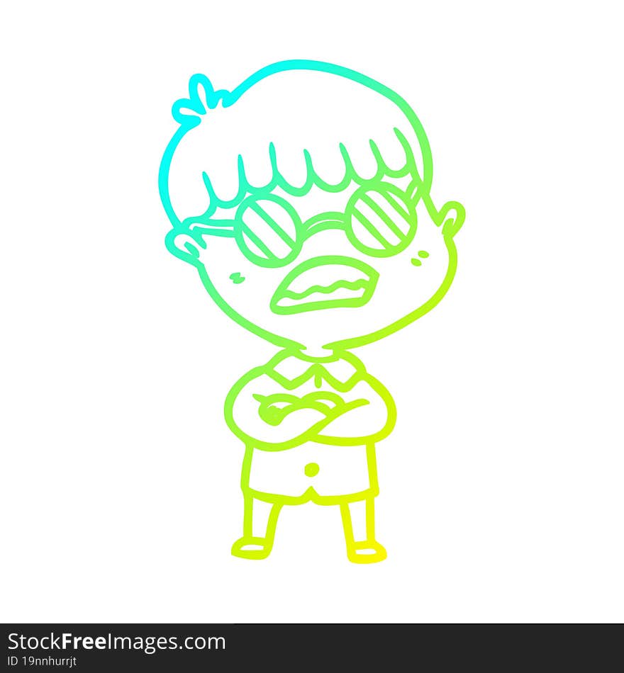 cold gradient line drawing cartoon boy with crossed arms wearing spectacles