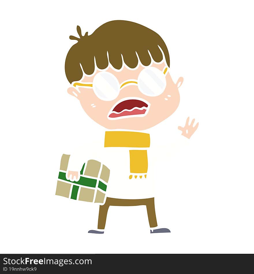 Flat Color Style Cartoon Boy Holding Gift And Wearing Spectacles