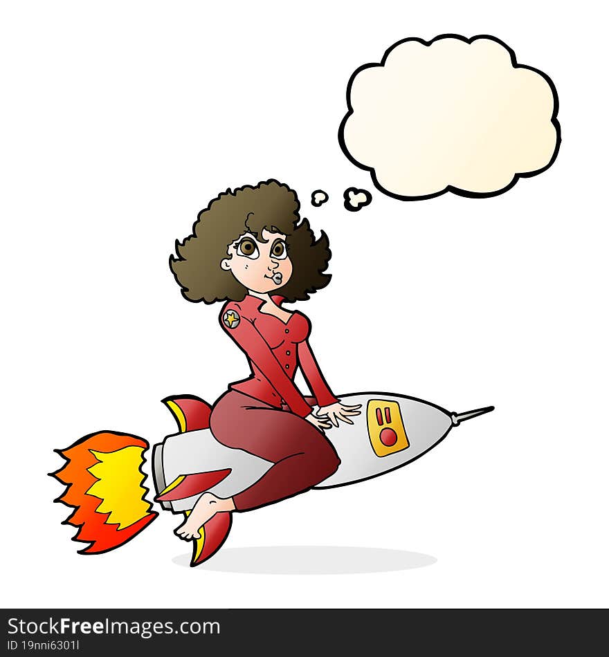 cartoon army pin up girl riding missile with thought bubble