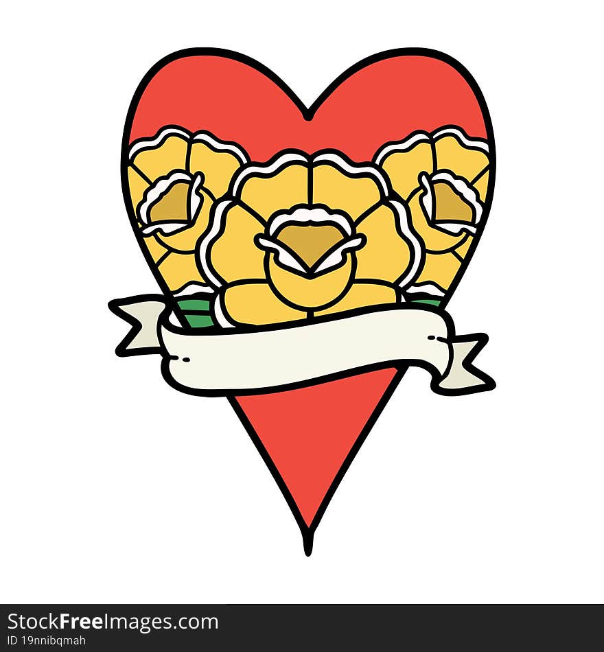 tattoo in traditional style of a heart and banner with flowers. tattoo in traditional style of a heart and banner with flowers