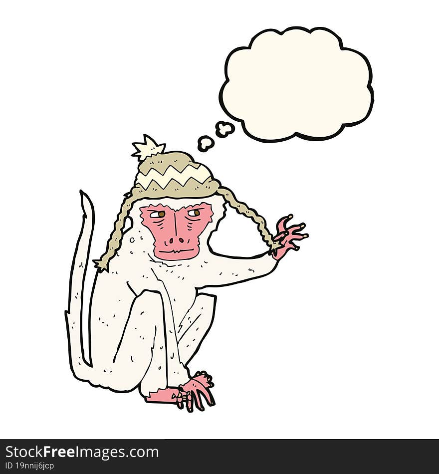 cartoon monkey wearing hat with thought bubble