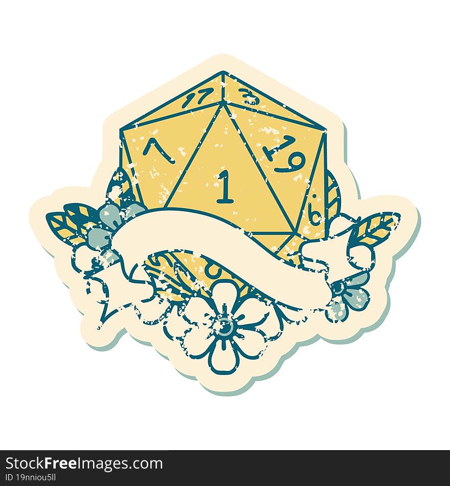 grunge sticker of a natural one d20 dice roll. grunge sticker of a natural one d20 dice roll