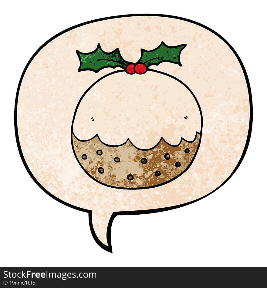 cartoon christmas pudding and speech bubble in retro texture style