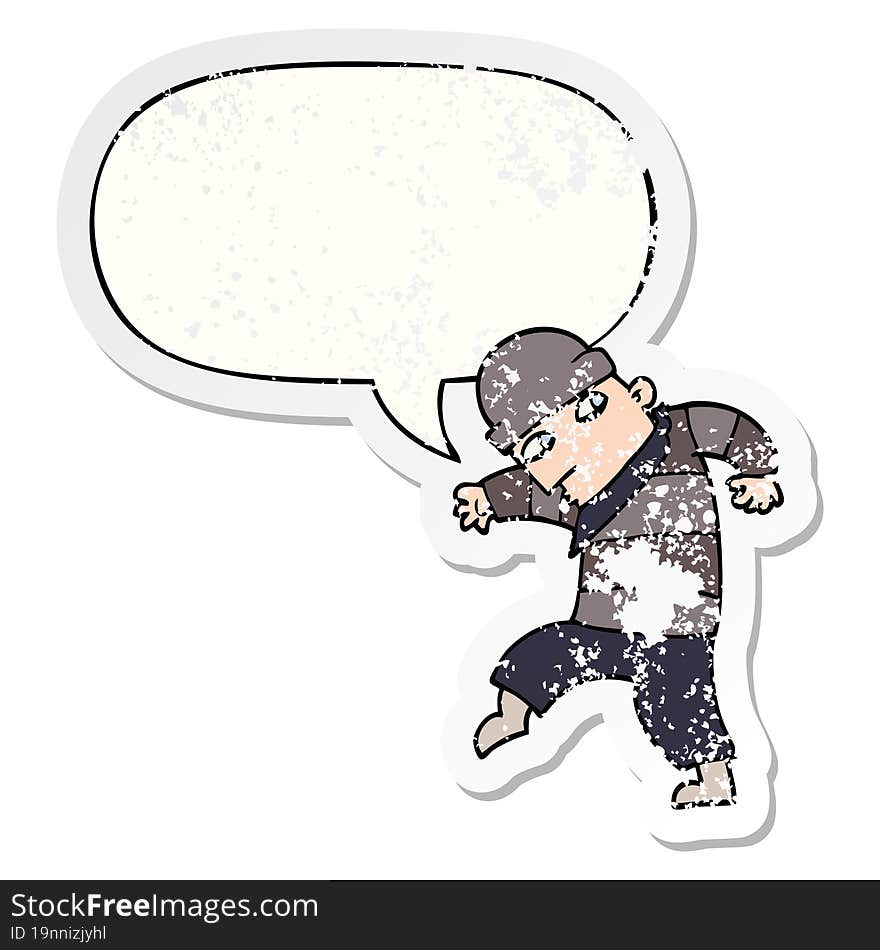 cartoon sneaking thief with speech bubble distressed distressed old sticker. cartoon sneaking thief with speech bubble distressed distressed old sticker