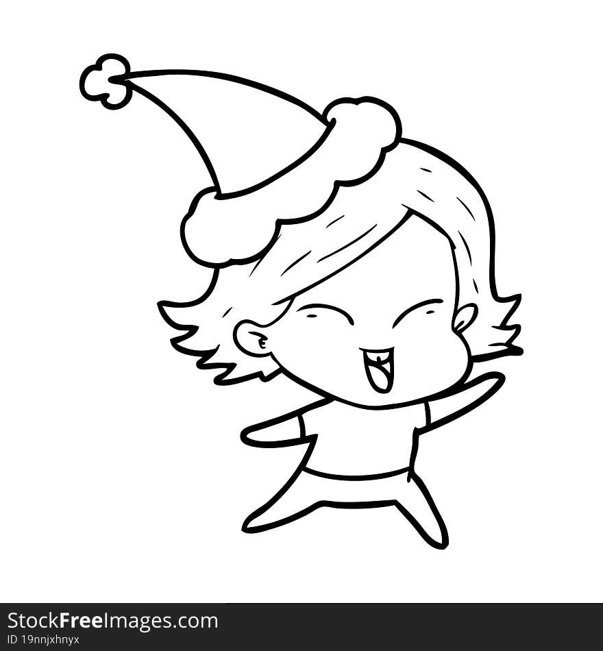 happy line drawing of a girl wearing santa hat