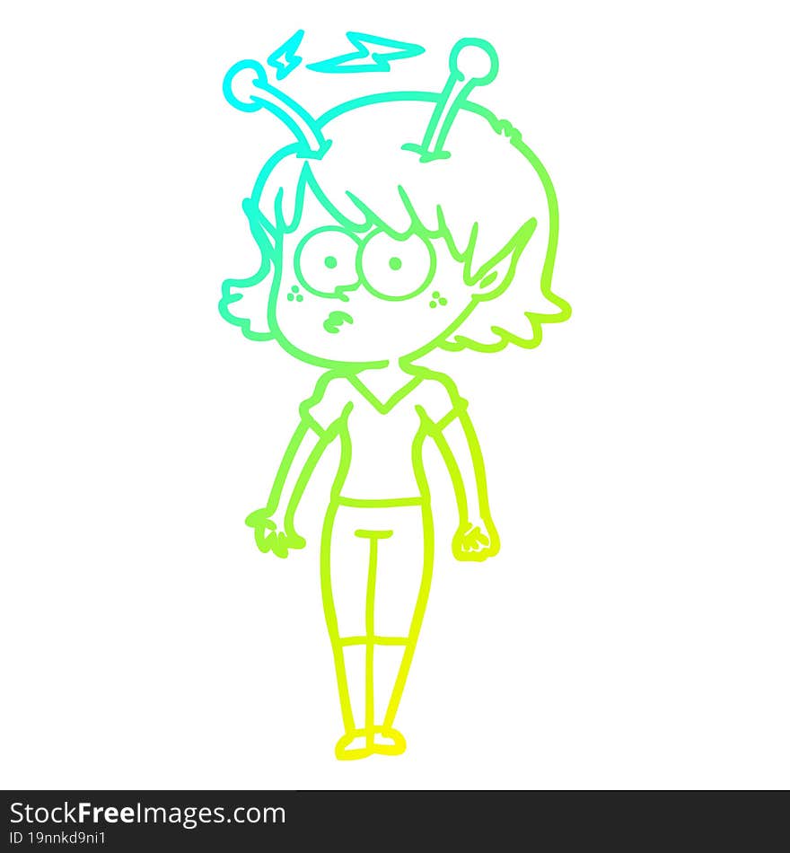 cold gradient line drawing of a cartoon alien girl