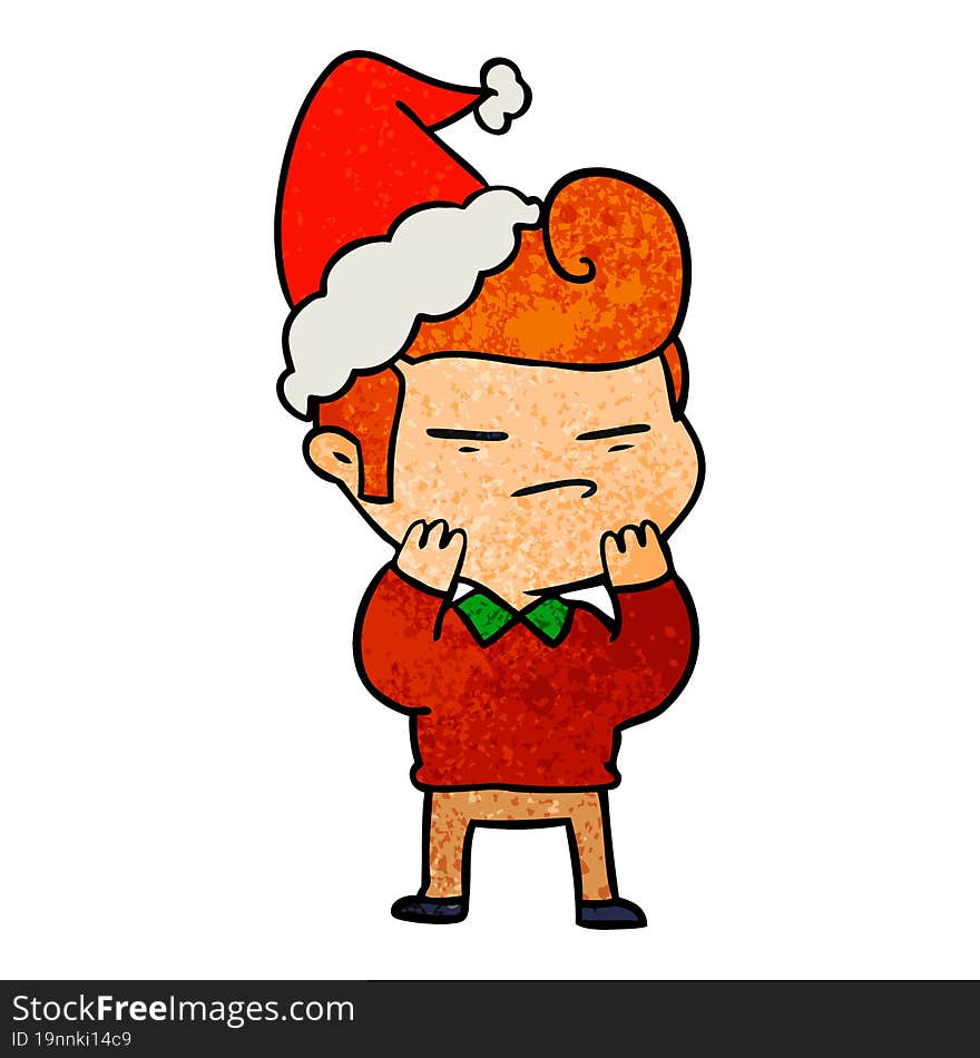 textured cartoon of a cool guy with fashion hair cut wearing santa hat