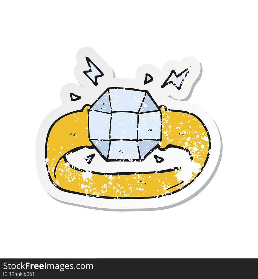 Retro Distressed Sticker Of A Cartoon Ring With Huge Gem