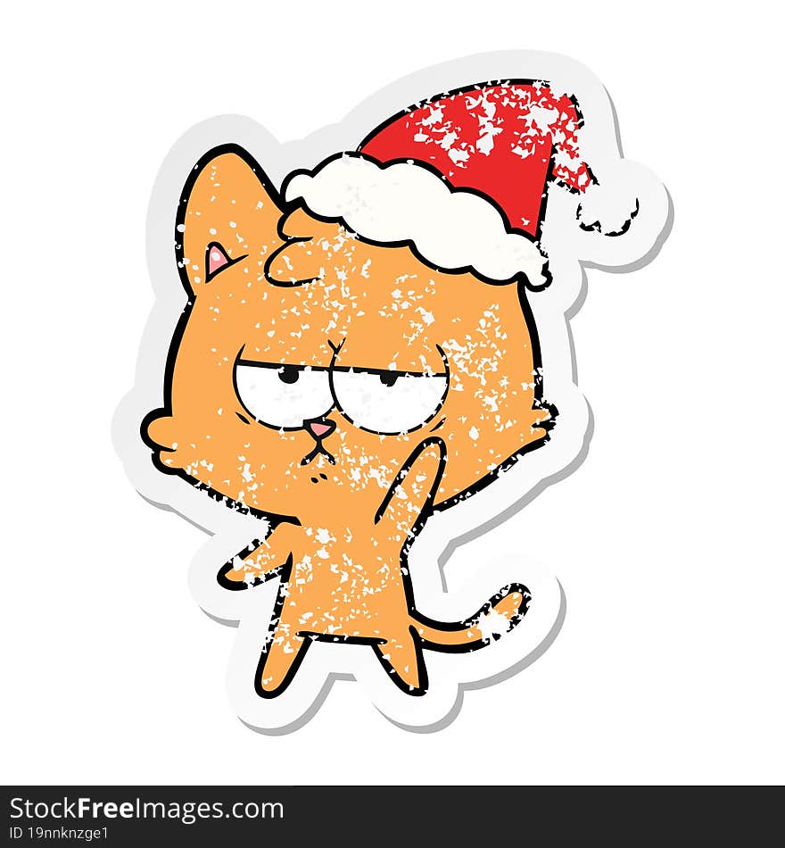 bored distressed sticker cartoon of a cat wearing santa hat