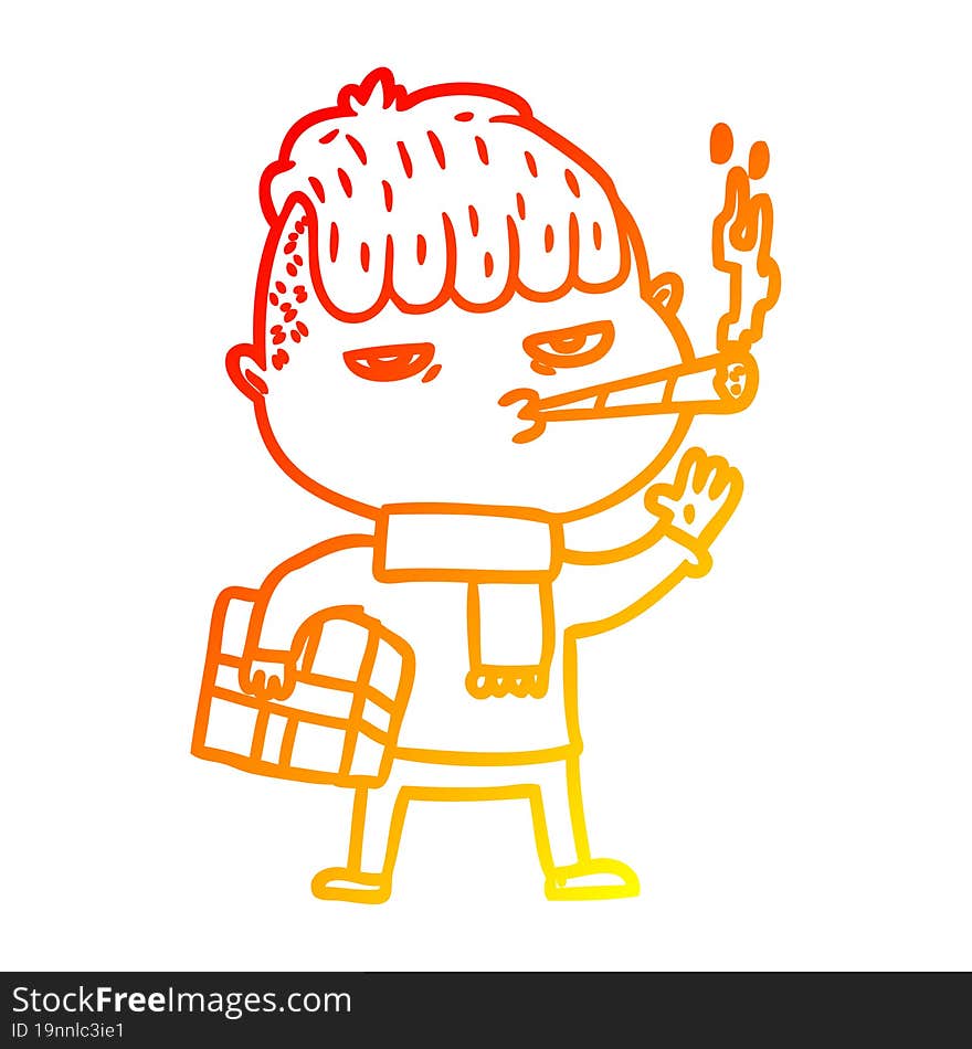 warm gradient line drawing cartoon man smoking carrying christmas gift