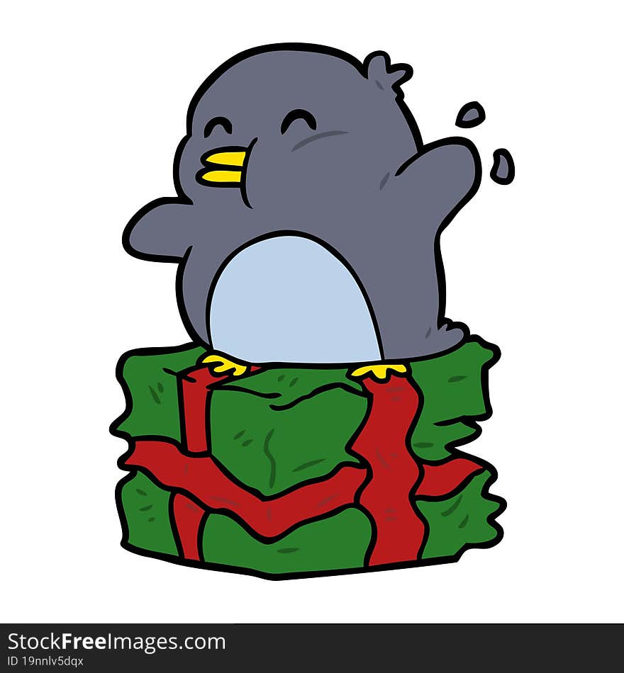 cartoon penguin on wrapped present. cartoon penguin on wrapped present