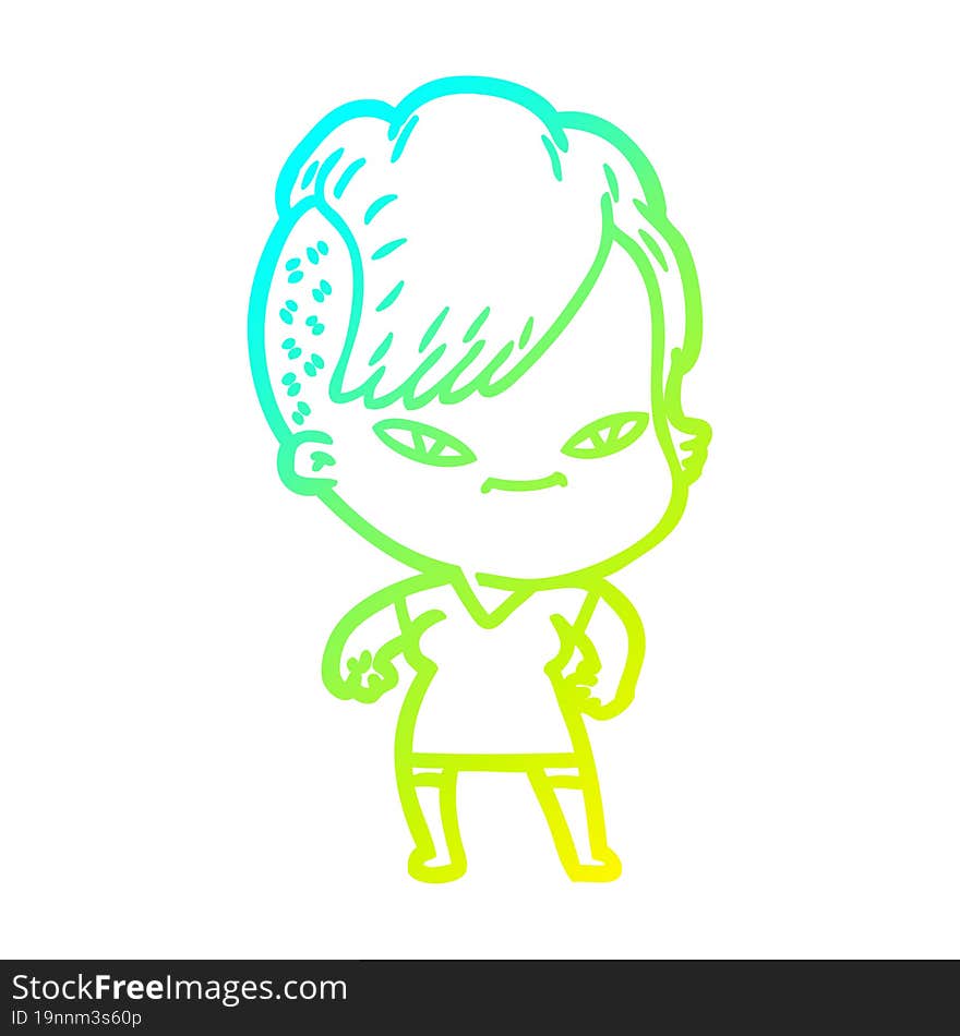 cold gradient line drawing cute cartoon girl with hipster haircut