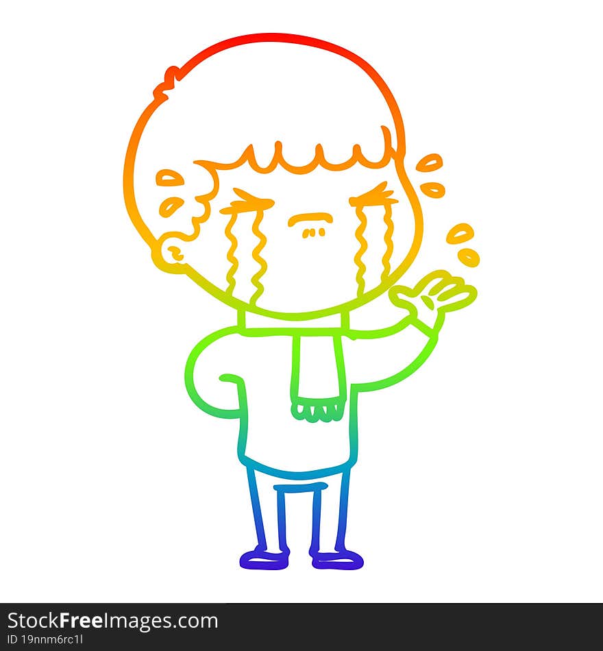 rainbow gradient line drawing of a cartoon man crying