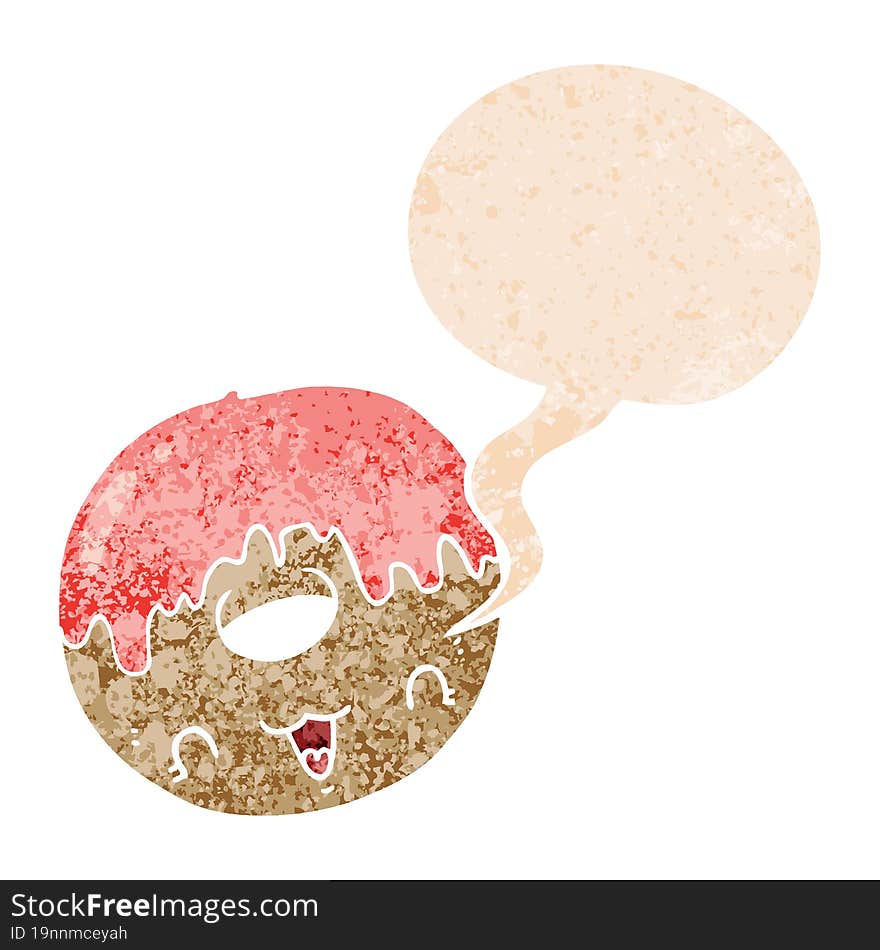 cute cartoon donut and speech bubble in retro textured style