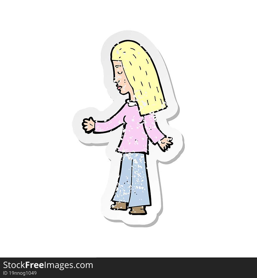 retro distressed sticker of a cartoon woman with open arms