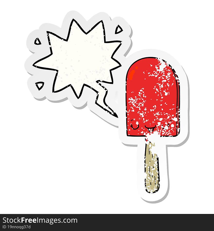 cartoon ice lolly with speech bubble distressed distressed old sticker. cartoon ice lolly with speech bubble distressed distressed old sticker