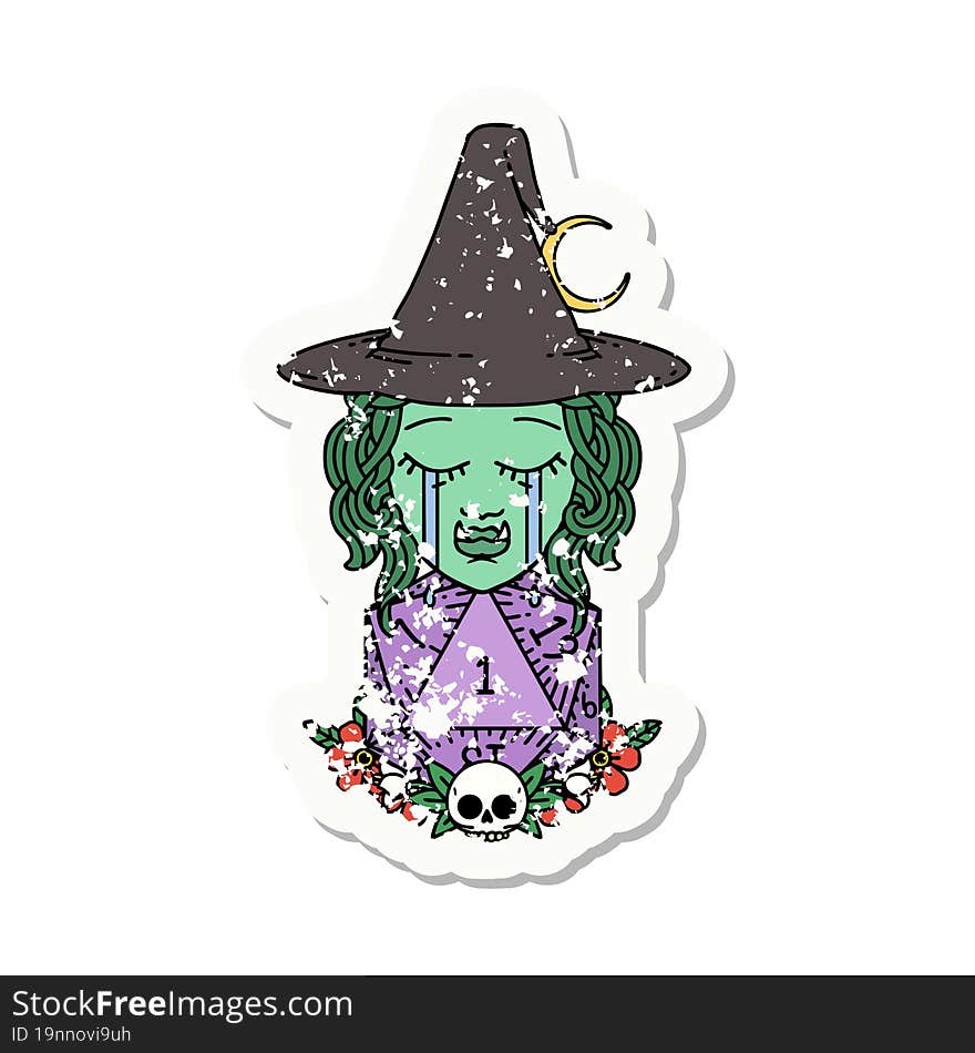 sad half orc witch character with natural one D20 roll grunge sticker