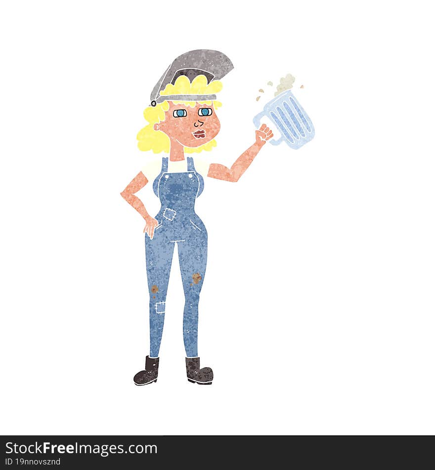 freehand retro cartoon hard working woman with beer