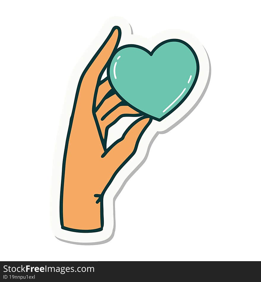 sticker of tattoo in traditional style of a hand holding a heart. sticker of tattoo in traditional style of a hand holding a heart