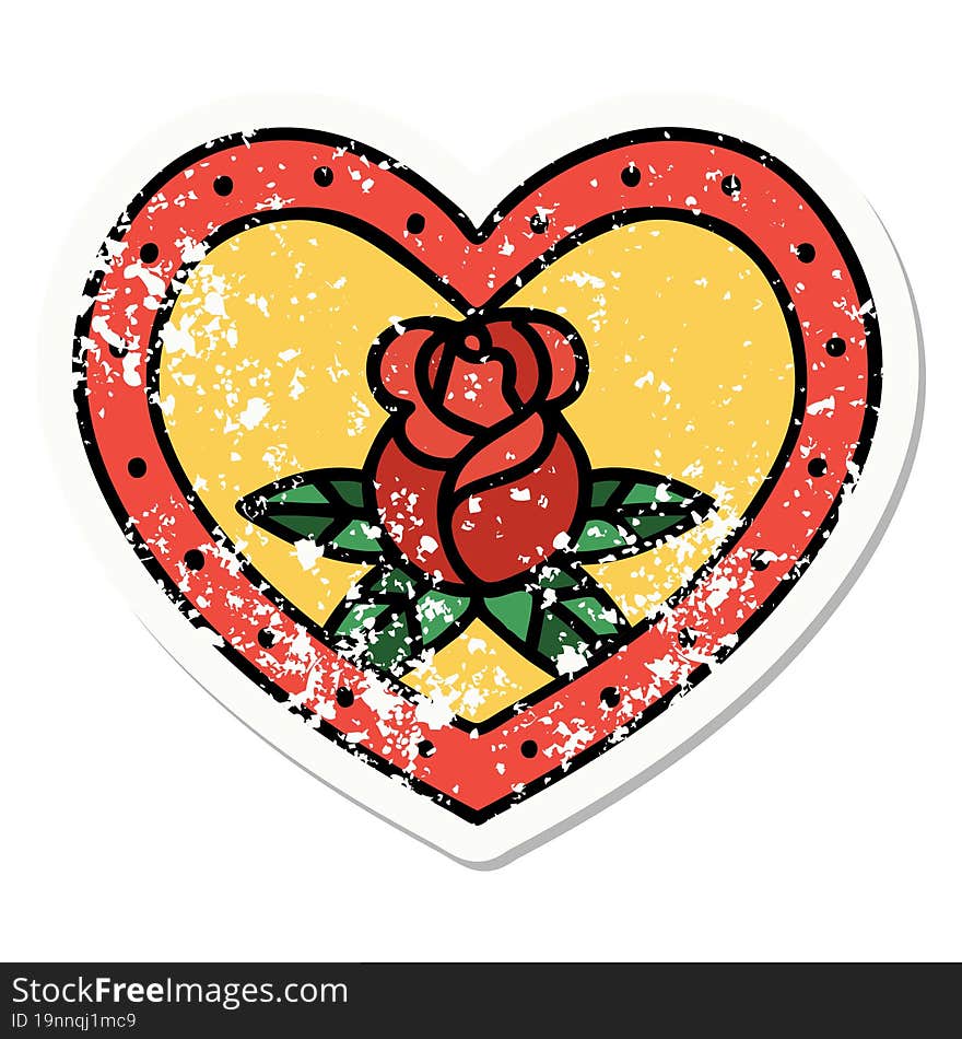 traditional distressed sticker tattoo of a heart and flowers