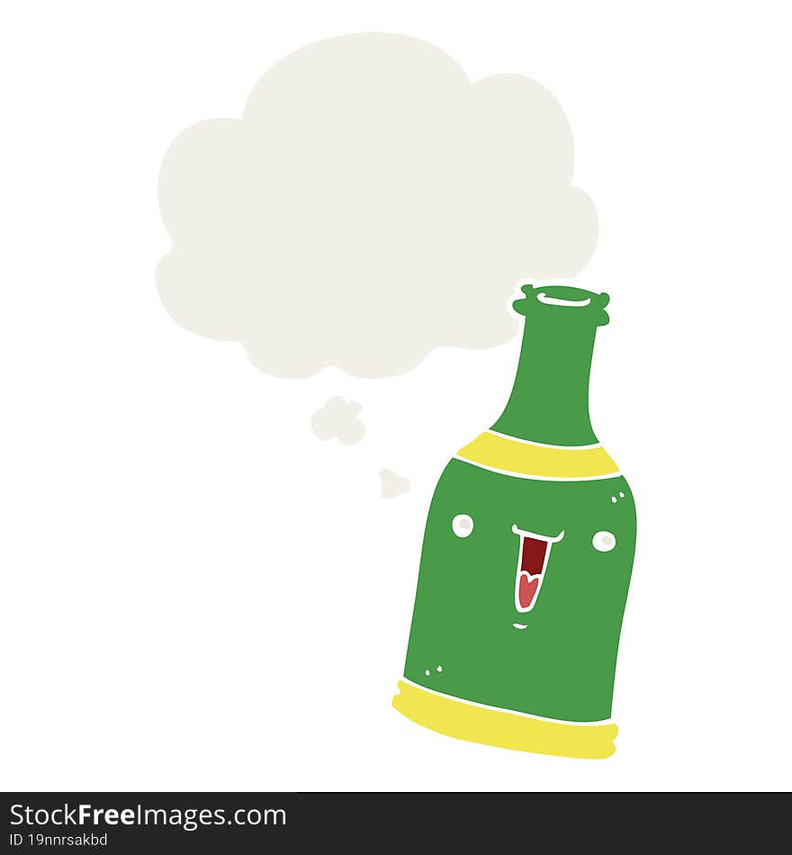 cartoon beer bottle and thought bubble in retro style