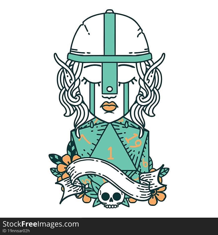 crying elf fighter character face with natural one D20 roll illustration